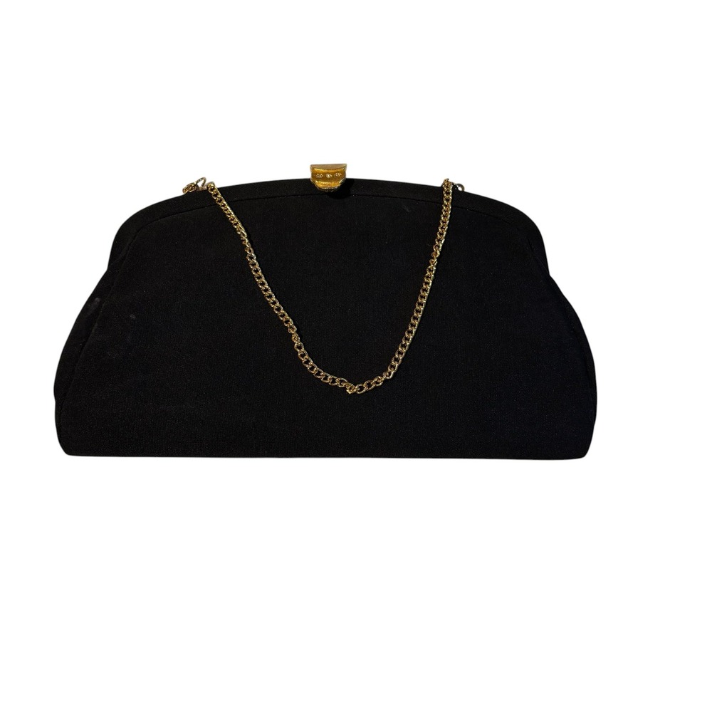 Vintage Black Crepe Evening Clutch‎ Bag Gold Chain Strap Formal Gala Wedding